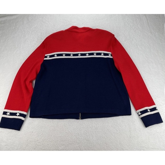 St. John Sport Sz L Cardigan Sweater Full Zip Striped Star Red White Blue Luxury - Picture 6 of 13